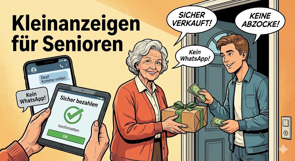 Graphic-Novel-Illustration zum Artikel ‚Kleinanzeigen für Senioren‘. Eine lächelnde Seniorin übergibt an der Haustür ein Paket gegen Bargeld an einen jungen Käufer. Im Vordergrund zeigt ein Tablet die Bestätigung für ‚Sicher bezahlen‘, während Sprechblasen den erfolgreichen Verkauf ohne Betrug (‚Keine Abzocke!‘, ‚Kein WhatsApp!‘) betonen.