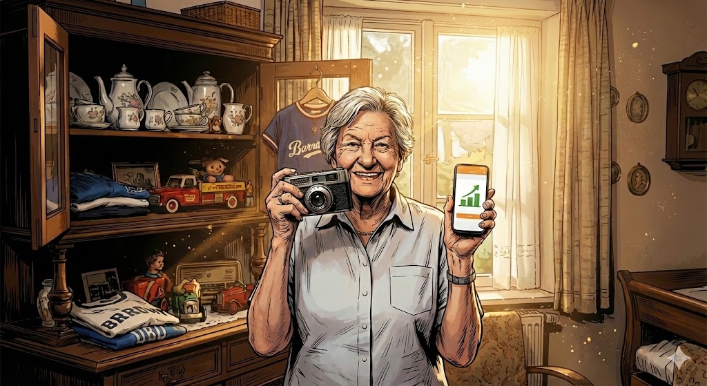 Glückliche Seniorin im Graphic-Novel-Stil präsentiert eine antike Kamera und ein Smartphone mit steigendem Gewinn-Diagramm vor einem Schrank voller Sammelstücke – ein Symbol für das Geld verdienen im Alter durch die Schrank-Gold-Methode.