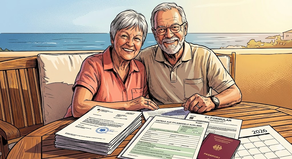Grafik-Illustration eines Seniorenpärchens auf einer Terrasse am Meer mit Dokumenten für den Pflegegrad-Antrag und das S1-Formular für die Krankenkasse im Ausland.