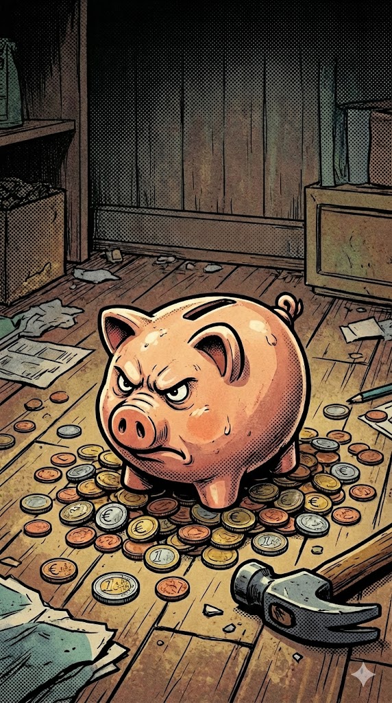 missmutiges Sparschwein um das herum münzen verteilt liegen