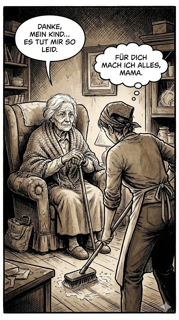 ein Bild von einer hilfsbedürftigen Seniorin die auf einem Stuhl sitzt und ihrer Tochter beim putzen zuschaut