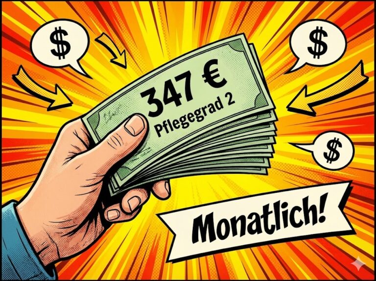 Illustration im Graphic Novel Stil: Hand hält Geldscheine mit Aufschrift 347 Euro Pflegegeld monatlich bei Pflegegrad 2.