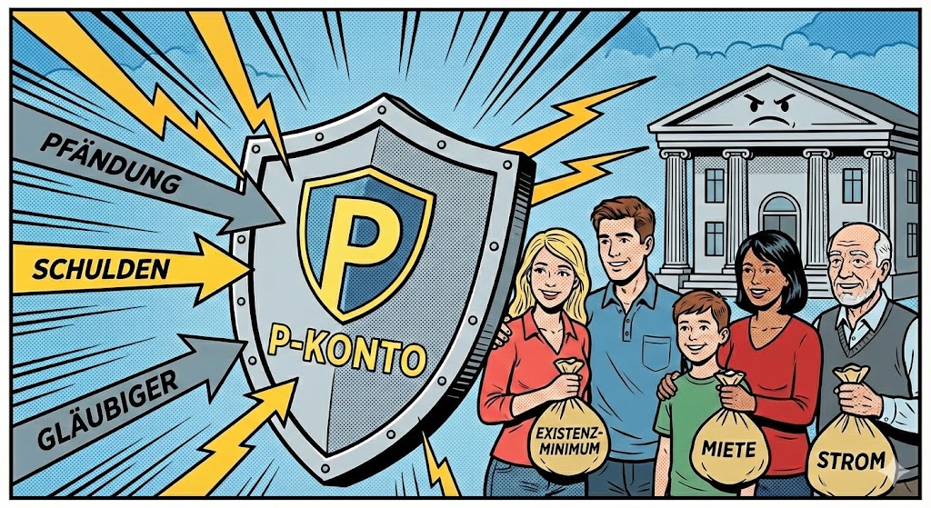 Illustration im Graphic Novel Stil: Ein Schutzschild schützt Menschen vor Pfändung und Gläubigern.