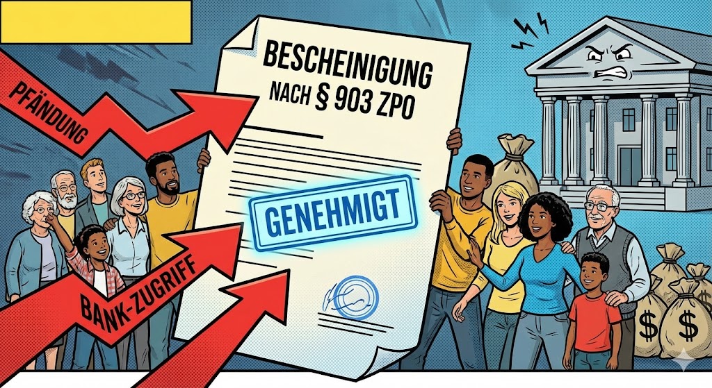 Illustration einer P-Konto Bescheinigung nach § 903 ZPO: Ein offizielles Dokument mit Genehmigt-Stempel schützt Familien und Senioren vor Kontopfändung und Bank-Zugriff.