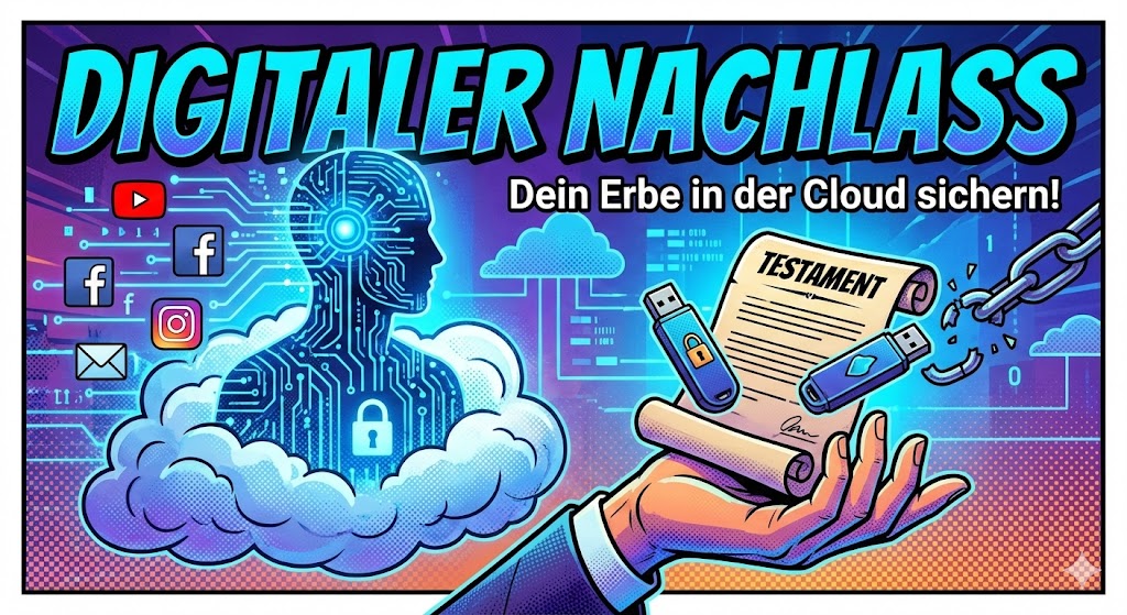 Digitaler Nachlass Illustration im Comic-Stil: Eine Hand hält ein Testament und USB-Sticks vor einer digitalen Cloud mit Social Media Icons für YouTube und Facebook.