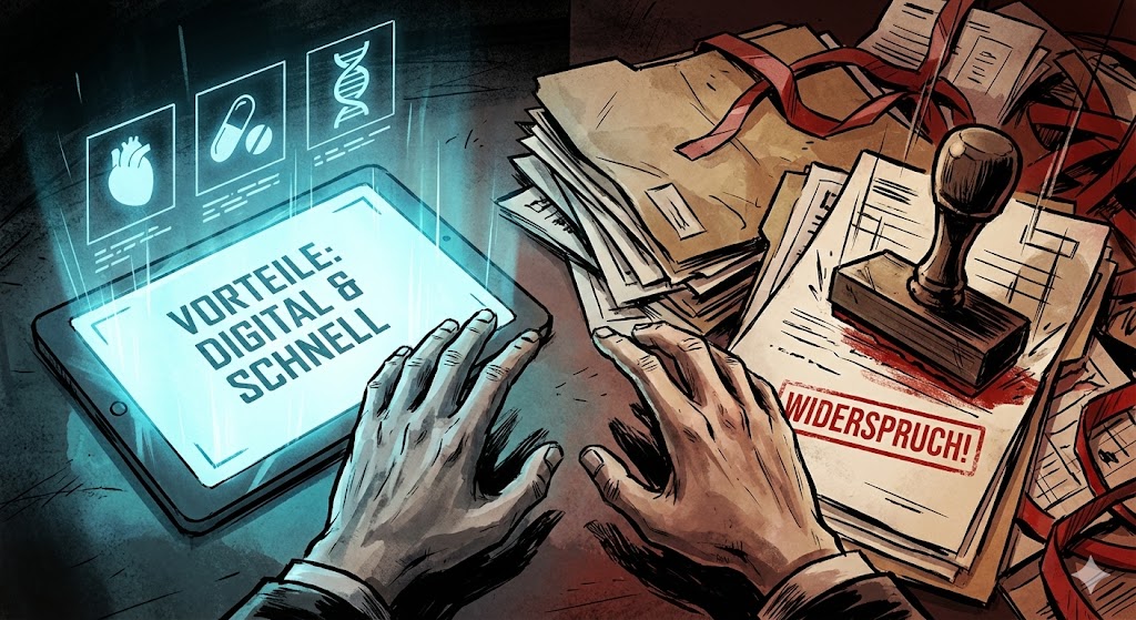 ePA Widerspruch Vorteile Grafik - Digitale Patientenakte auf Tablet gegen analogen Aktenordner mit rotem Widerspruch-Stempel