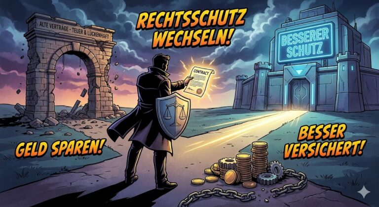 Comic-Illustration im Graphic Novel Stil: Ein Mann mit Waage-Schild wendet sich von einer zerfallenden Ruine mit der Aufschrift ‚Alte Verträge – Teuer & Lückenhaft‘ ab und geht auf eine moderne Festung ‚Besserer Schutz‘ zu. Text im Bild: ‚Rechtsschutz wechseln! Geld sparen! Besser versichert!‘ – Hilfe gegen die Versicherungs-Abzocke bei Senioren & GdB.
