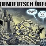 Eine dramatische Illustration zum Thema „Behördendeutsch übersetzt“: Ein verzweifelter Mann wird von Papierbändern mit Aufschriften wie „Heilungsbewährung“ und „Altersentsprechende Gesamteinschätzung“ gefesselt, während ein riesiger Stempel „Abgelehnt“ auf ihn niedersaust.
