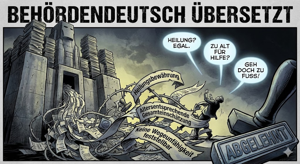 Eine dramatische Illustration zum Thema „Behördendeutsch übersetzt“: Ein verzweifelter Mann wird von Papierbändern mit Aufschriften wie „Heilungsbewährung“ und „Altersentsprechende Gesamteinschätzung“ gefesselt, während ein riesiger Stempel „Abgelehnt“ auf ihn niedersaust.