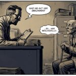 Comic-Szene zur Vorbereitung auf den Termin: Ein skeptischer Gutachter stellt die Fangfrage nach der Anreise, während der Senior vorsichtig antwortet. Die Illustration verdeutlicht die Gefahr von EM-Rente Gutachter Tricks und wie wichtig die richtige Schilderung der Beschwerden ist