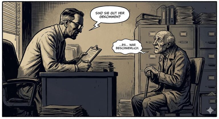 Comic-Szene zur Vorbereitung auf den Termin: Ein skeptischer Gutachter stellt die Fangfrage nach der Anreise, während der Senior vorsichtig antwortet. Die Illustration verdeutlicht die Gefahr von EM-Rente Gutachter Tricks und wie wichtig die richtige Schilderung der Beschwerden ist