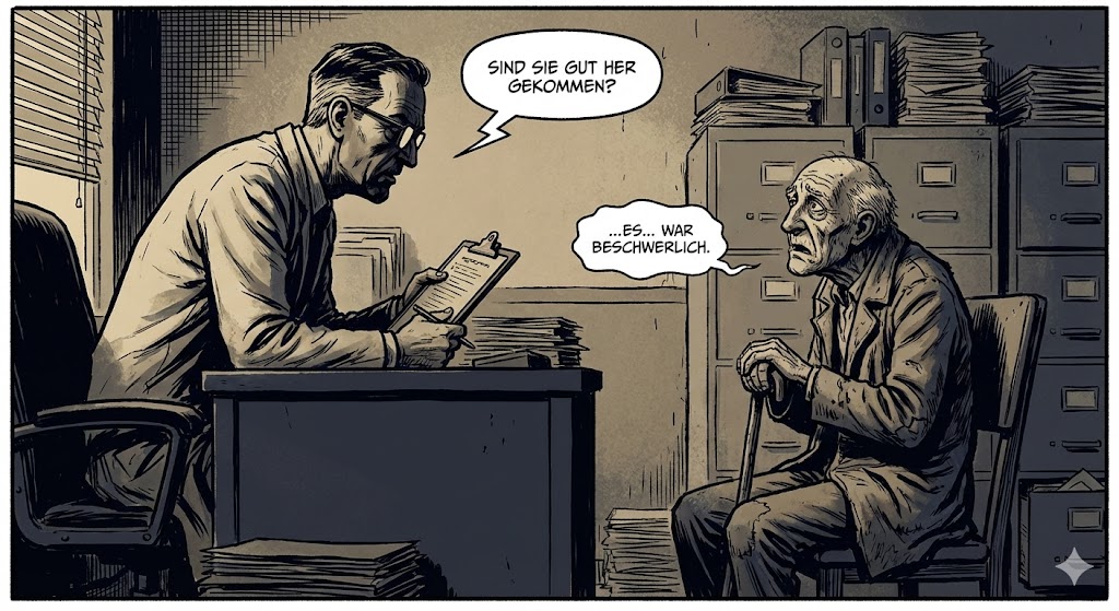 Comic-Szene zur Vorbereitung auf den Termin: Ein skeptischer Gutachter stellt die Fangfrage nach der Anreise, während der Senior vorsichtig antwortet. Die Illustration verdeutlicht die Gefahr von EM-Rente Gutachter Tricks und wie wichtig die richtige Schilderung der Beschwerden ist