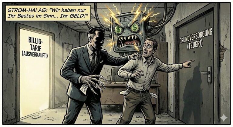 Dramatische Comic-Illustration zum Thema Energieversorger wechseln und sparen: Ein gieriger Strom-Hai im Anzug mit Monster-Krallen drängt einen verzweifelten Mann in die teure Grundversorgung. Das Bild warnt vor der Kostenfalle der Energiekonzerne und zeigt, warum es 2026 so wichtig ist, rechtzeitig den Energieversorger wechseln und sparen zu können, um nicht Opfer der Preis-Abzocke zu werden.