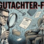 Graphic-Novel-Illustration zum Thema Erwerbsminderungsrente 2026: Ein bürokratischer Gutachter untersucht einen erschöpften Senior durch eine riesige Lupe. Im Hintergrund symbolisiert ein Spinnennetz aus Paragrafen die bürokratischen Hürden der Rentenversicherung. Text im Bild: DIE GUTACHTER-FALLE.