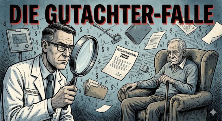 Graphic-Novel-Illustration zum Thema Erwerbsminderungsrente 2026: Ein bürokratischer Gutachter untersucht einen erschöpften Senior durch eine riesige Lupe. Im Hintergrund symbolisiert ein Spinnennetz aus Paragrafen die bürokratischen Hürden der Rentenversicherung. Text im Bild: DIE GUTACHTER-FALLE.