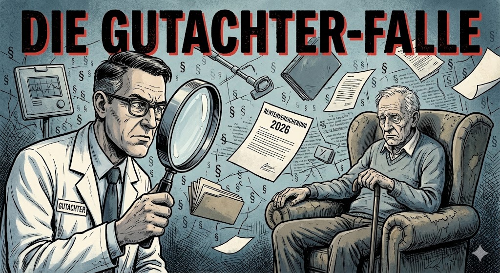 Graphic-Novel-Illustration zum Thema Erwerbsminderungsrente 2026: Ein bürokratischer Gutachter untersucht einen erschöpften Senior durch eine riesige Lupe. Im Hintergrund symbolisiert ein Spinnennetz aus Paragrafen die bürokratischen Hürden der Rentenversicherung. Text im Bild: DIE GUTACHTER-FALLE.