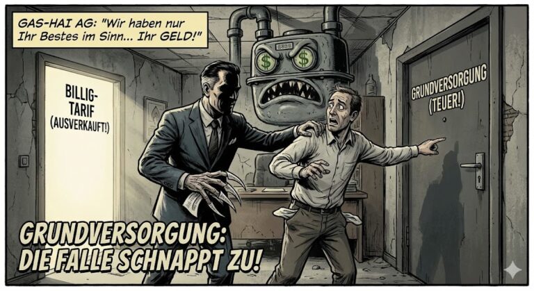 Illustration zum Thema Gasversorger wechseln worauf muss ich achten: Ein gieriger Geschäftsmann der Gas-Hai AG drängt einen verzweifelten Verbraucher in die teure Grundversorgung. Das Bild warnt vor der Kostenfalle und erklärt bildhaft die Antwort auf die Frage: Gasversorger wechseln worauf muss ich achten, um nicht abgezockt zu werden?