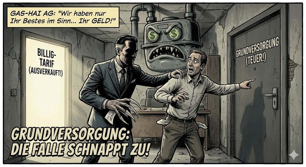 Illustration zum Thema Gasversorger wechseln worauf muss ich achten: Ein gieriger Geschäftsmann der Gas-Hai AG drängt einen verzweifelten Verbraucher in die teure Grundversorgung. Das Bild warnt vor der Kostenfalle und erklärt bildhaft die Antwort auf die Frage: Gasversorger wechseln worauf muss ich achten, um nicht abgezockt zu werden?