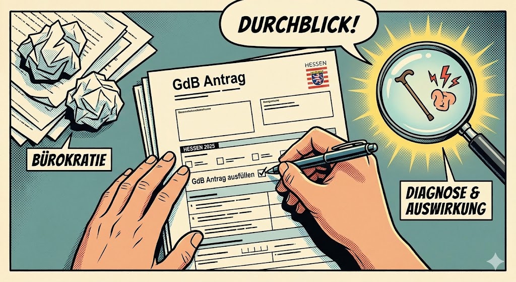 Graphic-Novel-Illustration zum Thema GdB Antrag ausfüllen. Hände füllen das Formular ‚Hessen 2025‘ aus und setzen einen Haken bei der entscheidenden Frage. Das Bild symbolisiert den ‚Durchblick‘ im bürokratischen Chaos, indem der Fokus mithilfe einer Lupe auf ‚Diagnose & Auswirkung‘ gelegt wird.