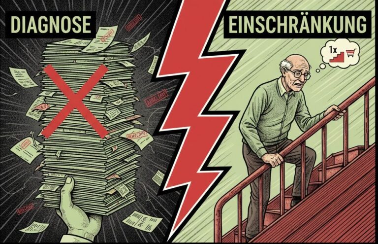 Illustration im Graphic-Novel-Stil zum Thema GdB-Antrag: Die linke Seite zeigt einen hohen Stapel medizinischer Dokumente mit der Überschrift „DIAGNOSE“, der mit einem großen roten „X“ durchgestrichen ist. Die rechte Seite zeigt einen älteren Mann, der sich mühsam an einem Geländer eine Treppe hochzieht, unter der Überschrift „EINSCHRÄNKUNG“. In einer Gedankenblase wird symbolisch dargestellt, dass er Hilfe beim Einkaufen benötigt. Ein roter Blitz trennt beide Hälften, um den entscheidenden Unterschied bei der Bewertung durch das Versorgungsamt zu verdeutlichen.