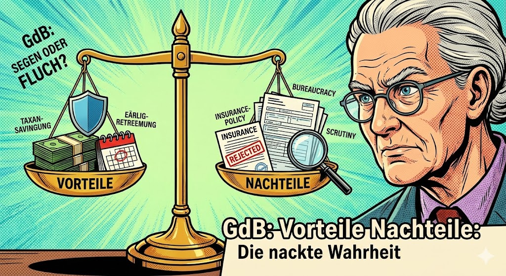 Graphic-Novel-Illustration zum Thema GdB Vorteile Nachteile. Ein ernster Senior betrachtet eine goldene Waage, die Vorteile wie Steuerersparnisse, Kündigungsschutz und Frührente gegen Nachteile wie Bürokratie und abgelehnte Versicherungen abwägt – Symbol für die nackte Wahrheit über den Behindertenausweis.