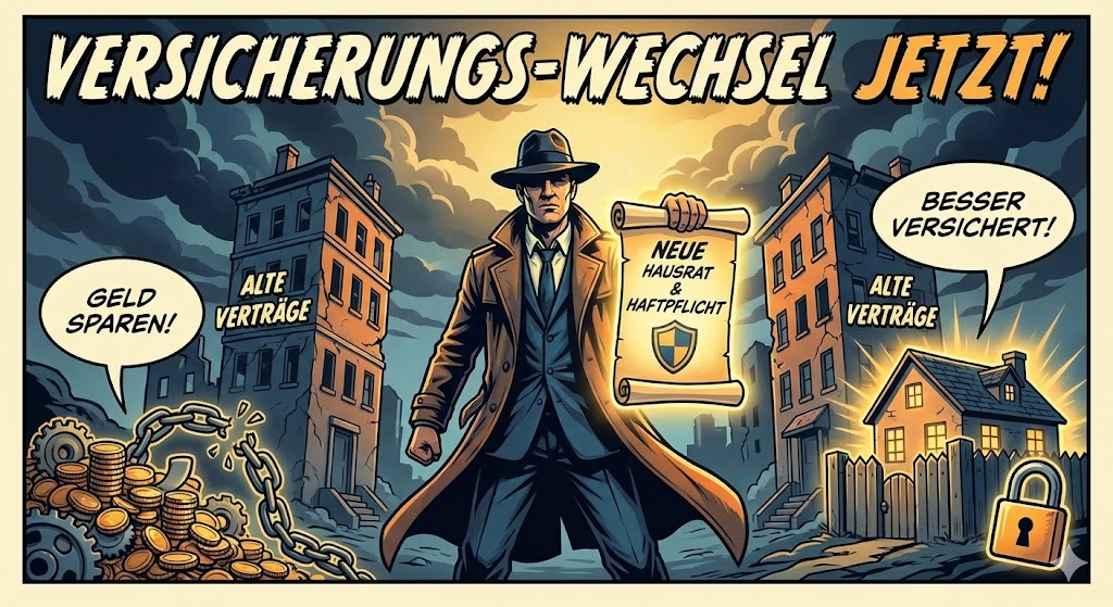 Heroische Illustration zum Thema Versicherungswechsel: Ein Mann im Trenchcoat präsentiert stolz eine neue Hausrat- und Haftpflicht-Police vor maroden Gebäuden. Der Text im Bild ‚Geld sparen!‘ und ‚Besser versichert!‘ unterstreicht den Ausbruch aus der Versicherungs-Abzocke bei Senioren und GdB.