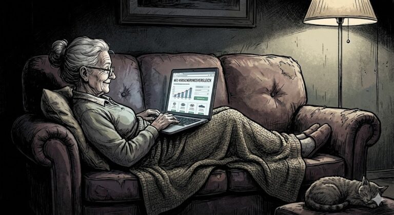 Eine Seniorin nutzt auf ihrem Sofa den Kfz-Versicherung Spar-Ratgeber am Laptop, um ihre Fixkosten zu senken. Stimmungsvolle Graphic-Novel-Illustration zum Thema Versicherungswechsel