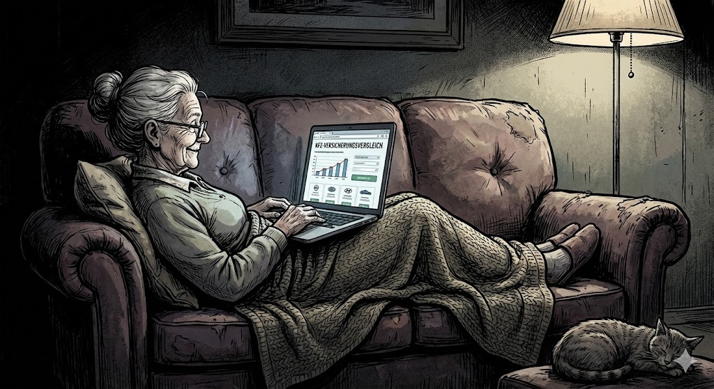 Eine Seniorin nutzt auf ihrem Sofa den Kfz-Versicherung Spar-Ratgeber am Laptop, um ihre Fixkosten zu senken. Stimmungsvolle Graphic-Novel-Illustration zum Thema Versicherungswechsel
