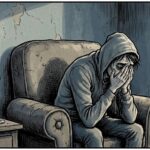 Verzweifelter Mann mit Long Covid & EM-Rente sitzt erschöpft im Sessel, Medikamente und Kalender mit Markierungen im Hintergrund, Symbol für Fatigue und System-Schandtat.