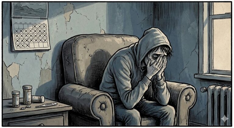 Verzweifelter Mann mit Long Covid & EM-Rente sitzt erschöpft im Sessel, Medikamente und Kalender mit Markierungen im Hintergrund, Symbol für Fatigue und System-Schandtat.