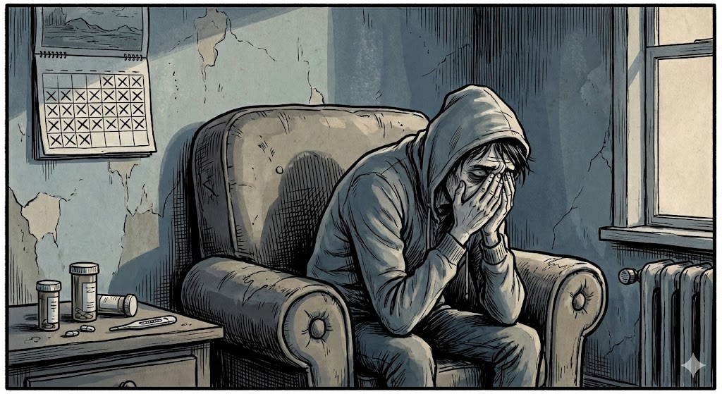 Verzweifelter Mann mit Long Covid & EM-Rente sitzt erschöpft im Sessel, Medikamente und Kalender mit Markierungen im Hintergrund, Symbol für Fatigue und System-Schandtat.