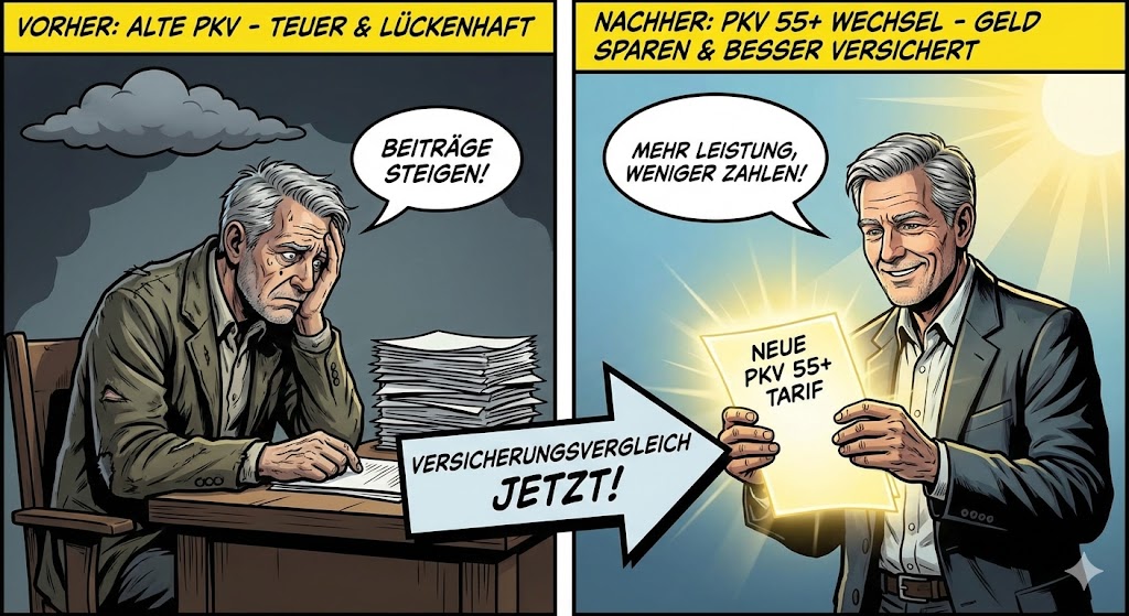 Comic-Vergleich zur Versicherungs-Abzocke bei Senioren und GdB: Links ein verzweifelter Mann vor Bergen von Papier mit der Sprechblase ‚Beiträge steigen!‘. Rechts derselbe Mann glücklich im Sonnenschein mit einem ‚Neuen PKV 55+ Tarif‘. Der Text betont: ‚Mehr Leistung, weniger zahlen!‘ und motiviert zum PKV Beiträge im Alter senken