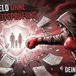 Illustration im Graphic Novel Stil zum Thema Sterbegeld ohne Gesundheitsprüfung: Ein Kämpfer mit Boxhandschuhen durchbricht eine Wand aus Versicherungsanträgen, um eine Familie hinter einem Schutzschild abzusichern.