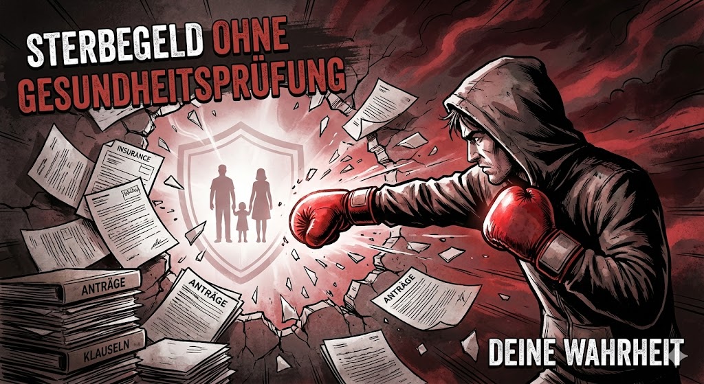 Illustration im Graphic Novel Stil zum Thema Sterbegeld ohne Gesundheitsprüfung: Ein Kämpfer mit Boxhandschuhen durchbricht eine Wand aus Versicherungsanträgen, um eine Familie hinter einem Schutzschild abzusichern.