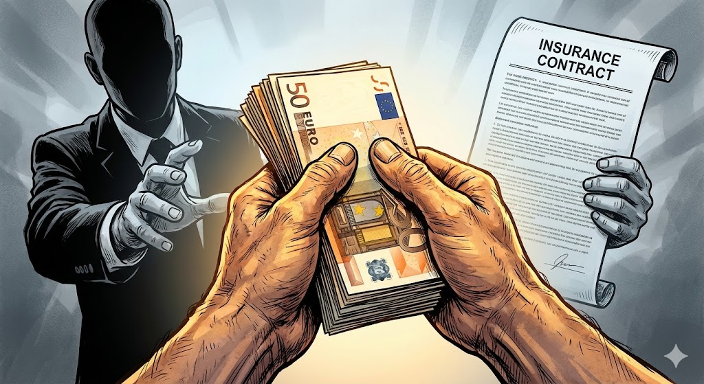 Dramatische Graphic Novel Illustration zum Thema Versicherungs-Abzocke bei Senioren und GdB: Entschlossene, gealterte Hände halten im Vordergrund ein Bündel Euro-Scheine fest umschlungen. Im unscharfen Hintergrund versuchen schattenhafte Gestalten in Anzügen – Symbole für Behörden-Willkür und gierige Versicherer – nach dem Geld zu greifen. Die Szene versinnbildlicht den Widerstand gegen systematische Abzocke und den Kampf um finanzielle Selbstbestimmung.