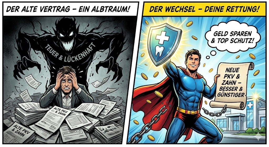 Zweiteilige Comic-Illustration zur Versicherungs-Abzocke bei Senioren und GdB: Links ein verzweifelter Mann unter einem dunklen Monster namens ‚Teuer & Lückenhaft‘. Rechts die Rettung durch einen Superhelden mit Schutzschild, der zeigt, wie man PKV Beiträge im Alter senken kann und gleichzeitig Top-Schutz für Zähne erhält.