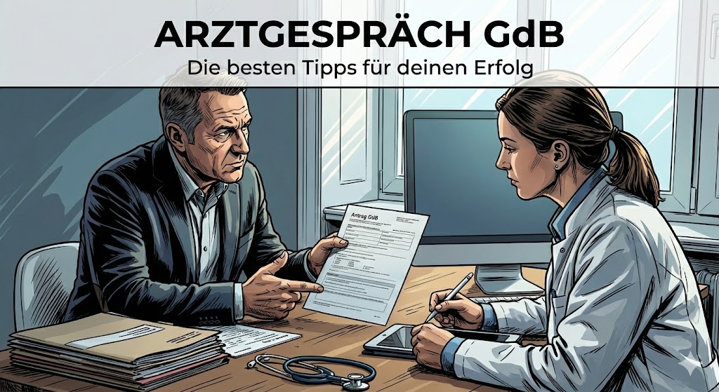 Novel Graphic Zeichnung einer Arzt-Patienten-Besprechung in einer Praxis. Ein Patient deutet aktiv auf Dokumente, während eine Ärztin Notizen macht. Der Text-Overlay lautet: ‚ARZTGESPRÄCH GdB – Die besten Tipps für deinen Erfolg‘.