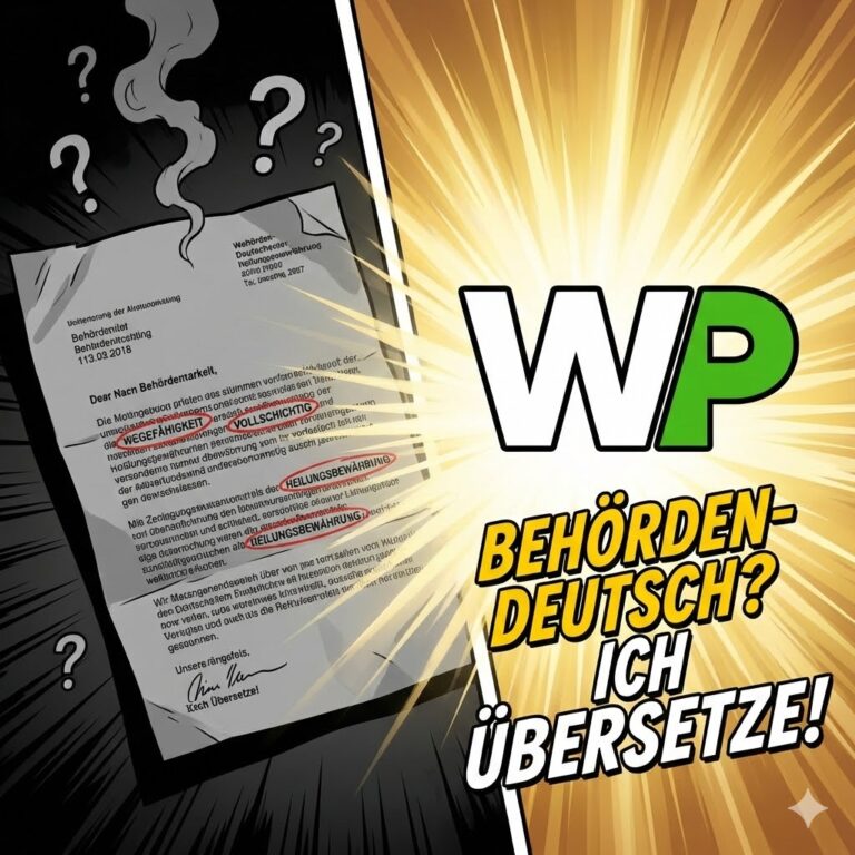 Wahrheit Pur Bescheid-Übersetzer: Ein unverständlicher Behördenbrief mit rot markierten Fachbegriffen wie Wegefähigkeit und vollschichtig vor einem explosiven Hintergrund mit dem Text ‚Behörden-Deutsch? Ich übersetze!‘ und dem WP-Logo.