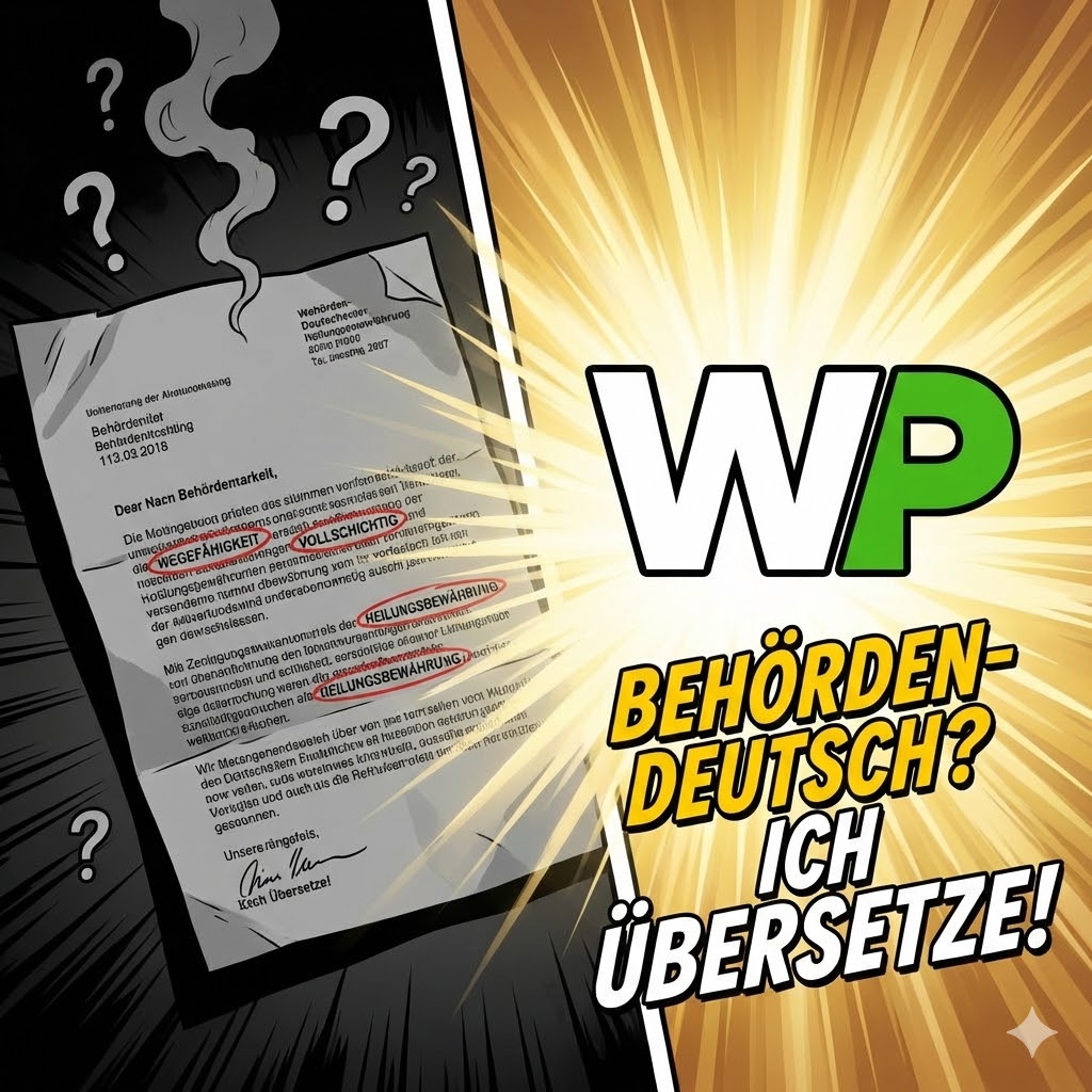 Wahrheit Pur Bescheid-Übersetzer: Ein unverständlicher Behördenbrief mit rot markierten Fachbegriffen wie Wegefähigkeit und vollschichtig vor einem explosiven Hintergrund mit dem Text ‚Behörden-Deutsch? Ich übersetze!‘ und dem WP-Logo.